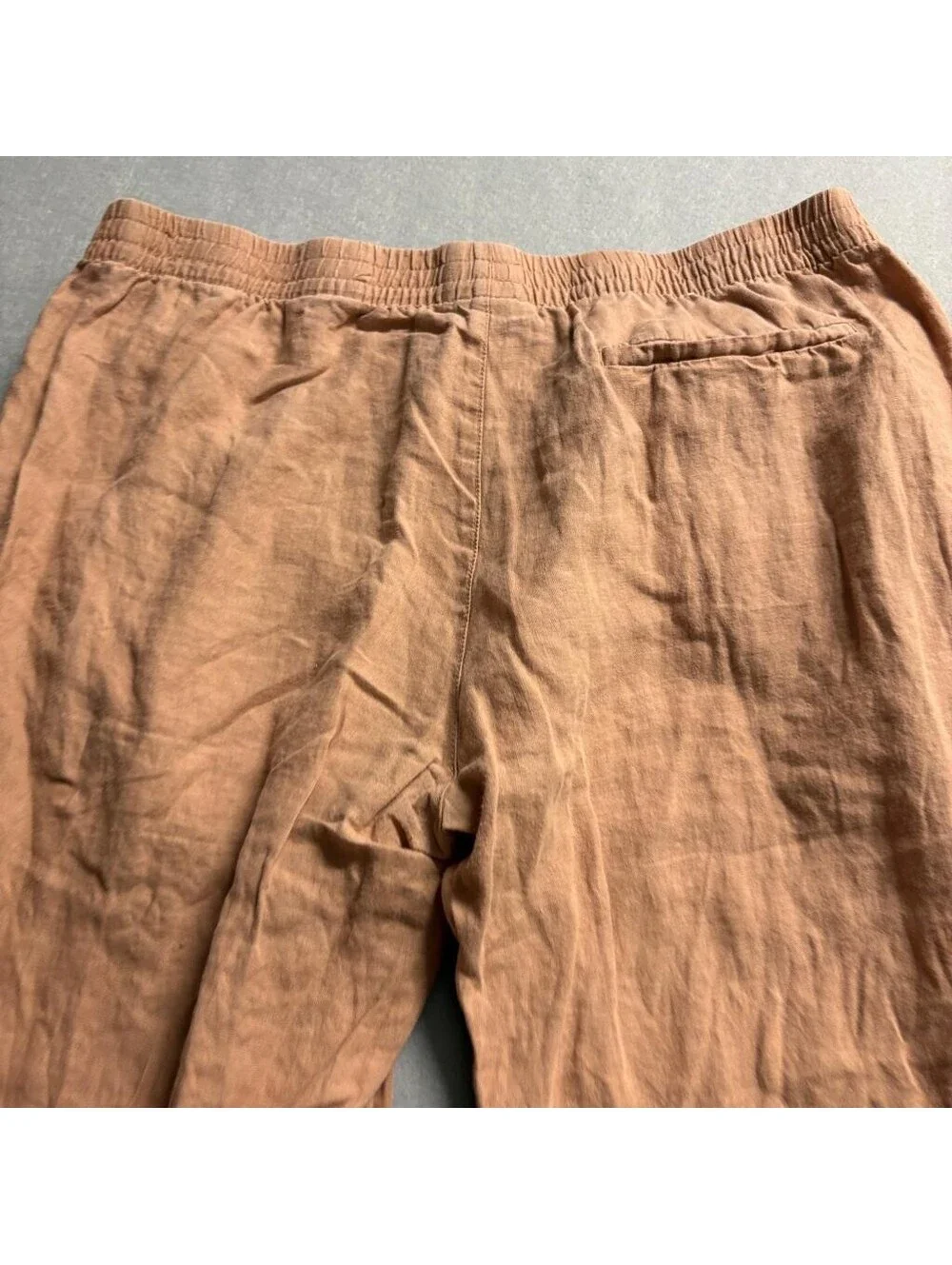 H&M 100% Linen Pants Womens XL Brown Elastic Waist Regular Fit Casual